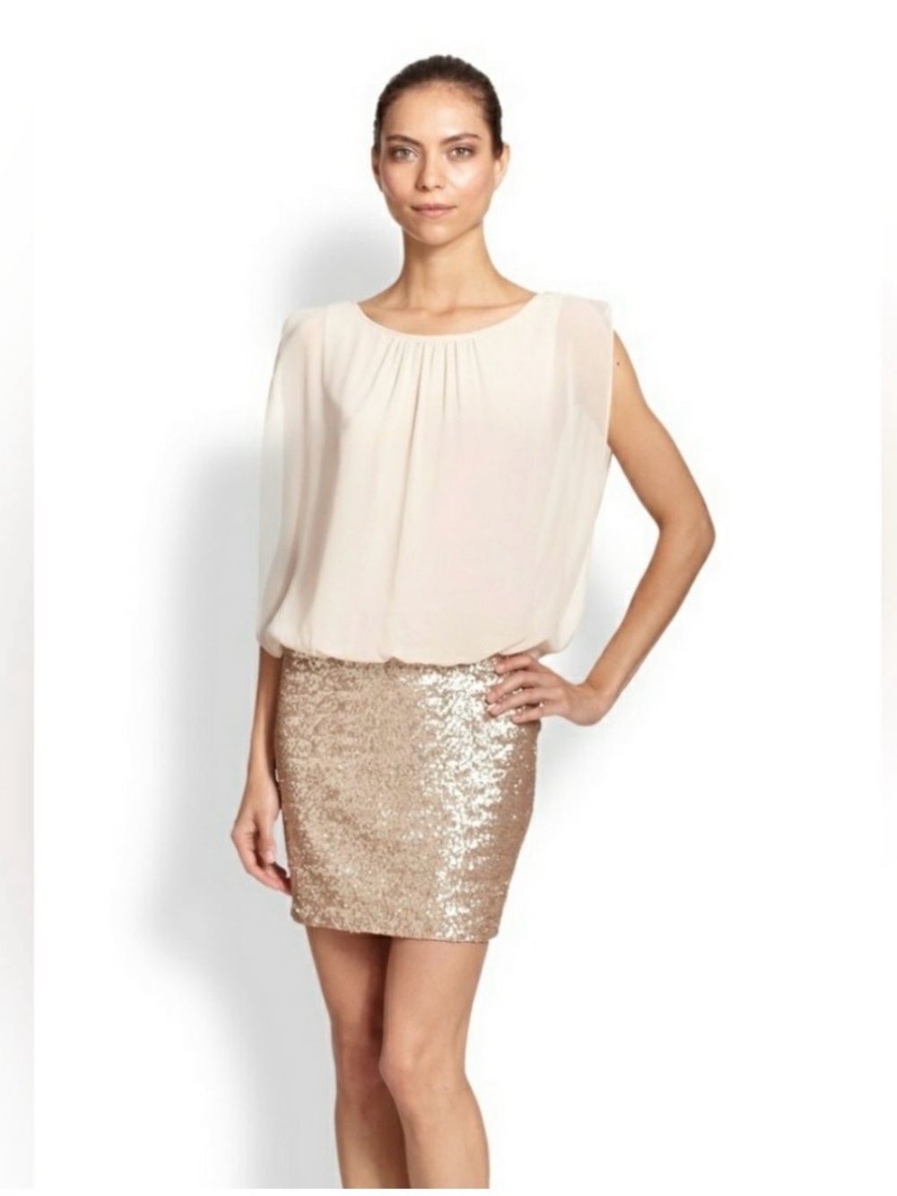 Aidan by Aidan Mattox Cream Blouse with Gold Sequin Mini Skirt